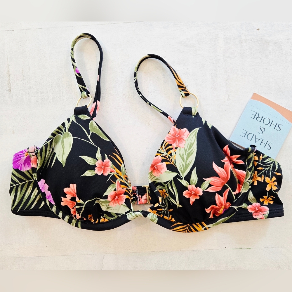 SHADE & SHORE Tropical Floral Black Underwire Bikini Top, Size 34C, NWT